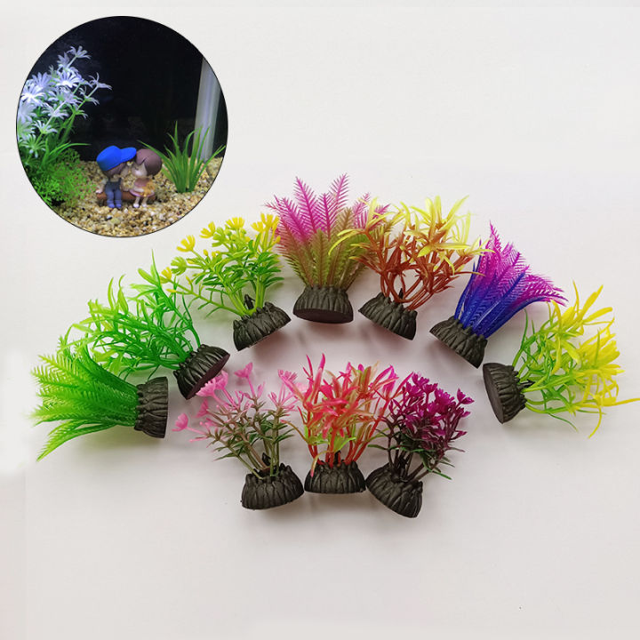 Colorful Artificial Aquarium Plants with Rock Base – Decorative Set